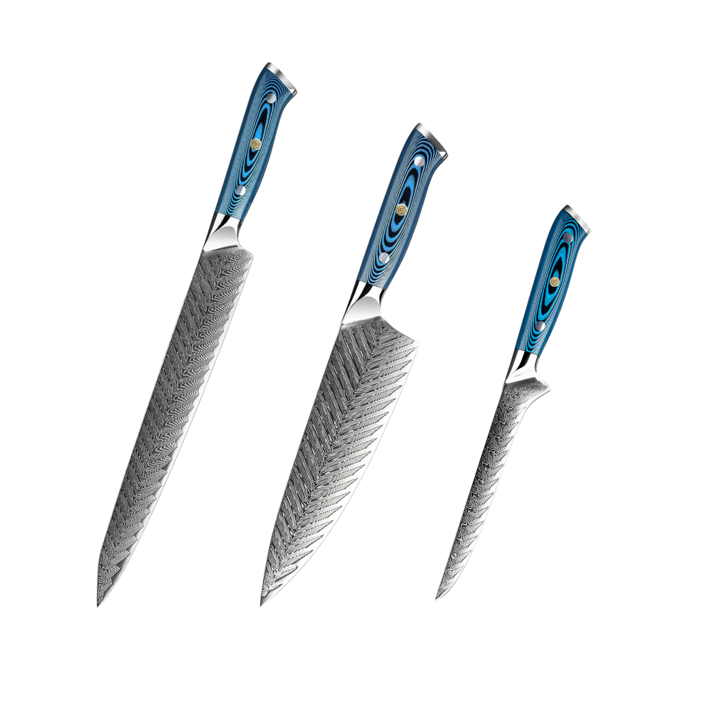 Set unic de cuțite japoneze din oțel damasc cu 73 de straturi și mâner albastru pakkawood H243 - Hikari