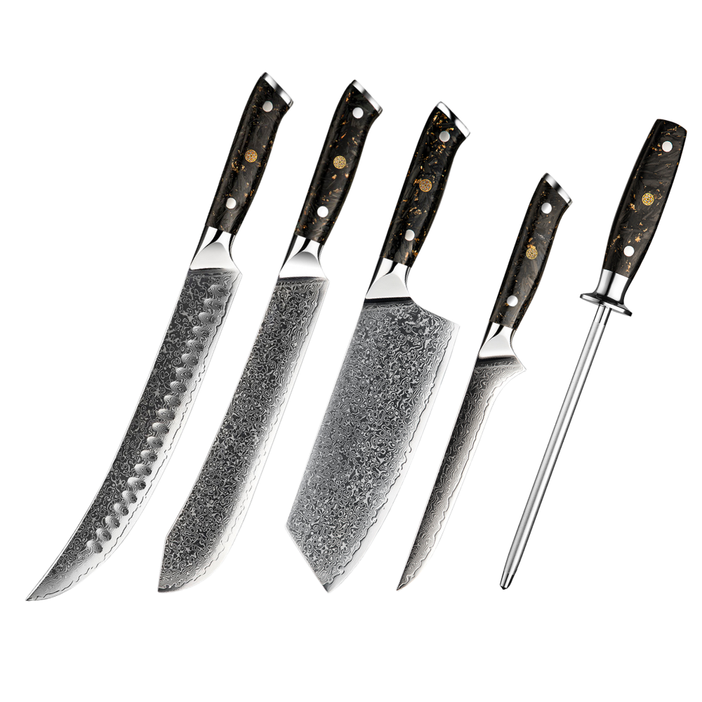 A set of kitchen knives with Damascus steel blades and black resin and carbon fiber handles, including a chef's knife, a bread knife, a serrated knife, and a sharpening steel.