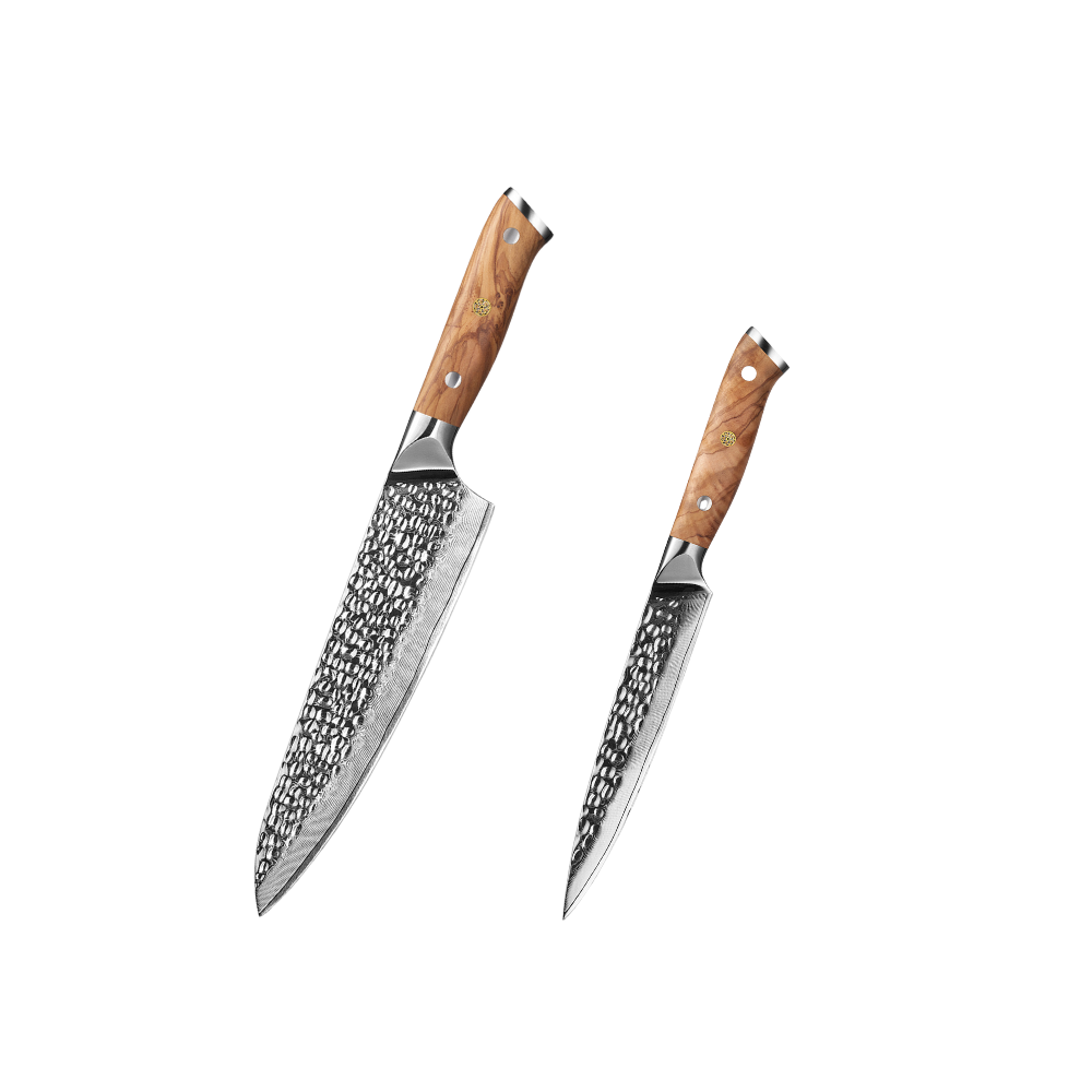 Two knives with wooden handles on a white background