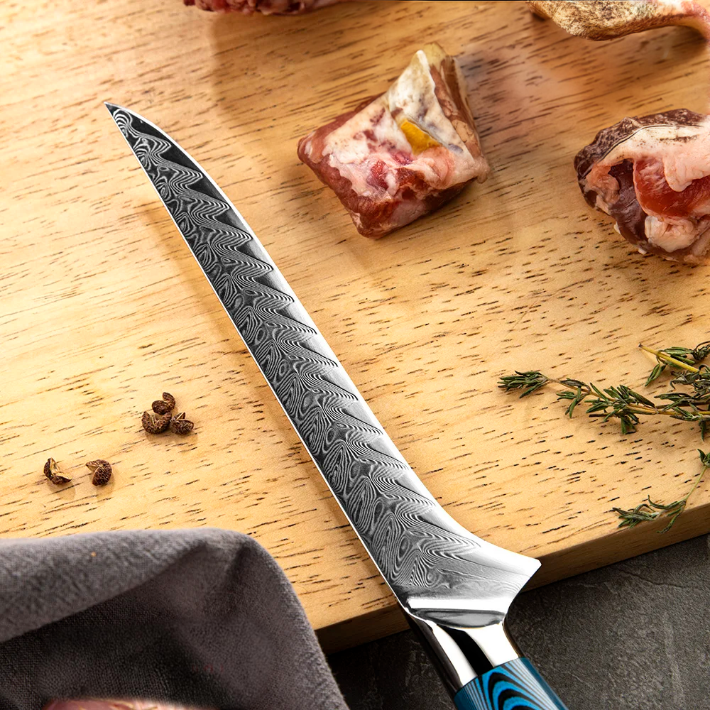 Cuțit Premium de Dezosat – Cuțit de Filetat Carne și Pește, Oțel Damasc și Mâner Pakkawood, Honesuki Hikari