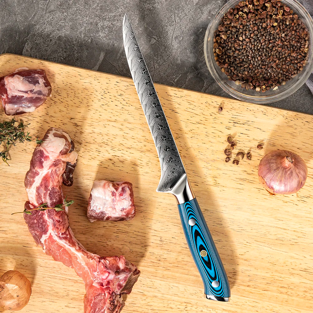 Cuțit Premium de Dezosat – Cuțit de Filetat Carne și Pește, Oțel Damasc și Mâner Pakkawood, Honesuki Hikari