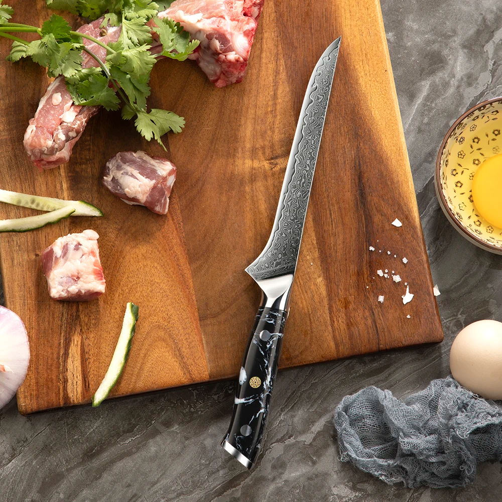 Cuțit profesional pentru dezosare, Hikari - Cuțit pentru filetare și tranșare pentru carne și pește, lamă din oțel Damasc, Honesuki - Hikari