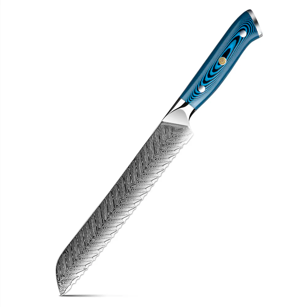 Cutit pentru Paine Otel Inoxidabil Carbon Martensitic Damasc, Maner Albastru Pakkawood 20cm