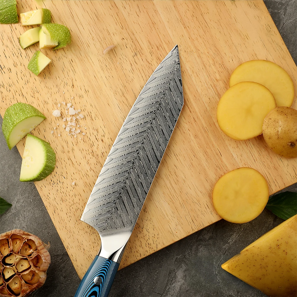 Hikari Premium Bunka Knife - lamă otel Damasc multifuncțională cu mâner albastru Pakkawood pentru tăiere profesională - Hikari