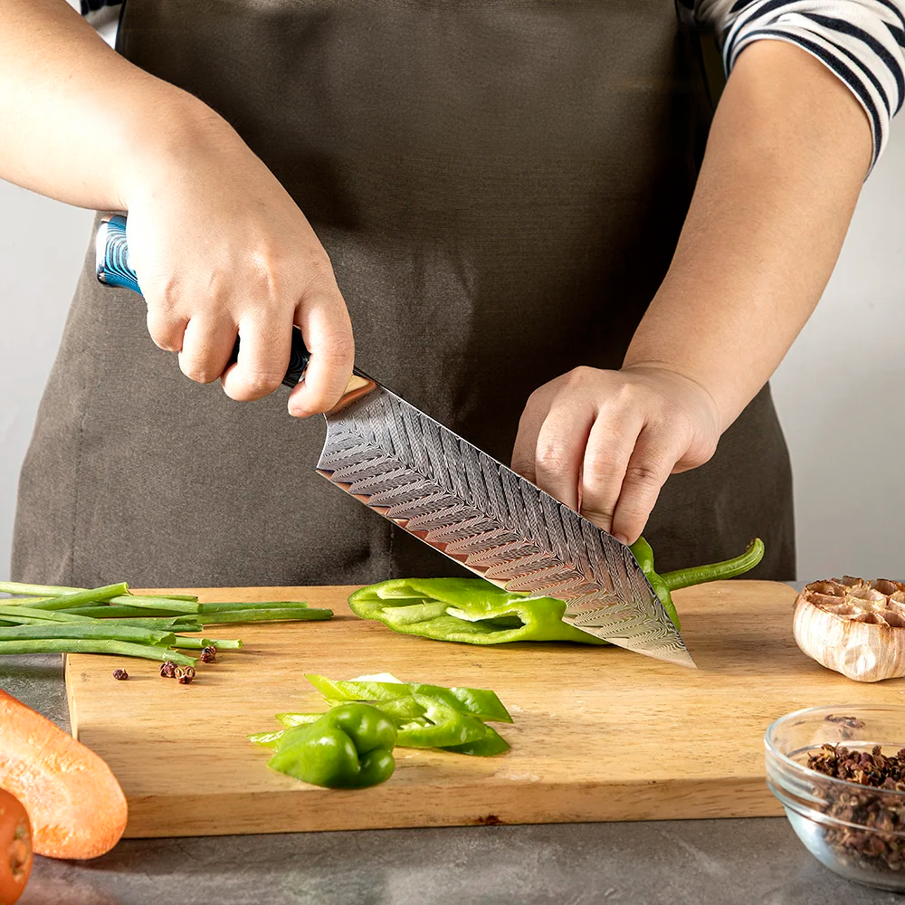 Hikari Premium Bunka Knife - lamă otel Damasc multifuncțională cu mâner albastru Pakkawood pentru tăiere profesională - Hikari