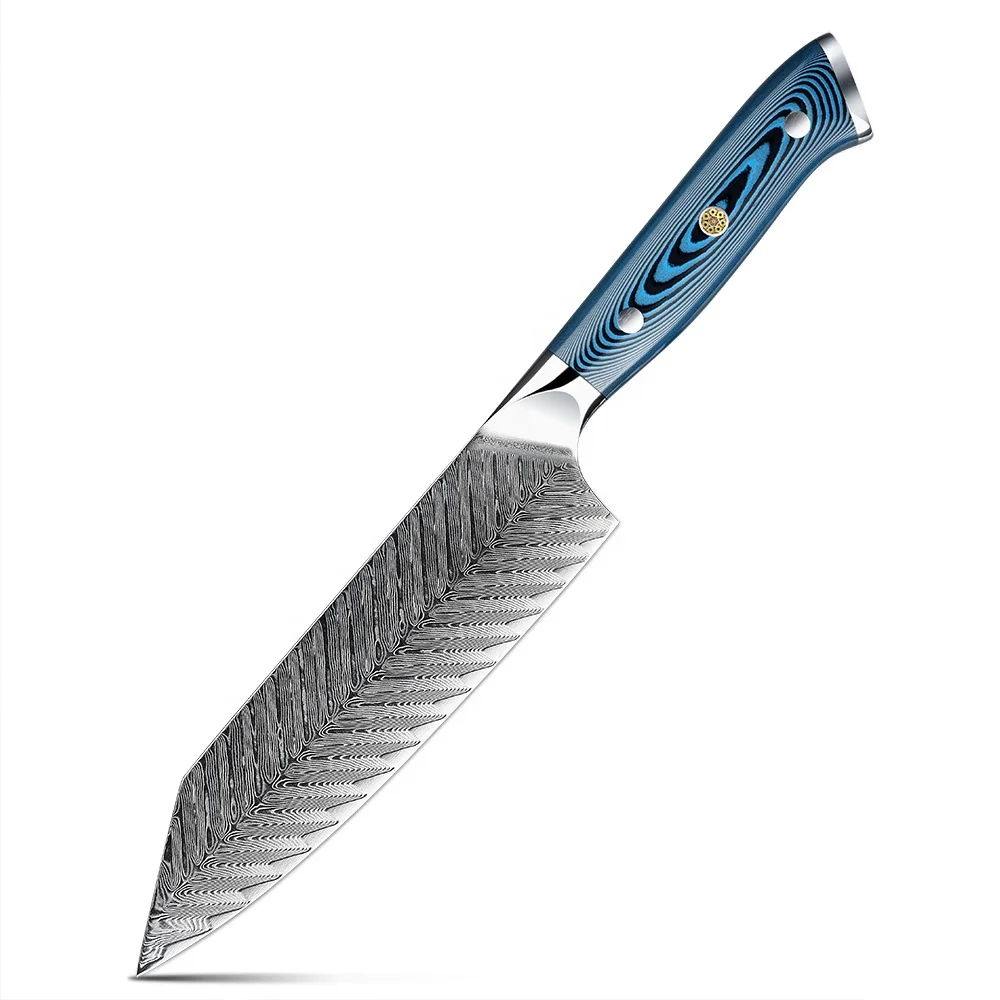 Hikari Premium Bunka Knife - lamă otel Damasc multifuncțională cu mâner albastru Pakkawood pentru tăiere profesională - Hikari
