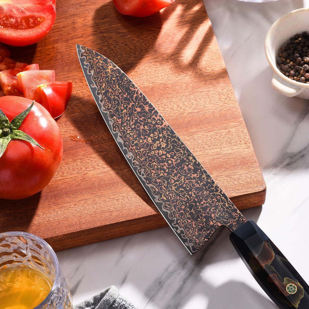 Damascus knife japanese professional knife, blade details and beautiful handle