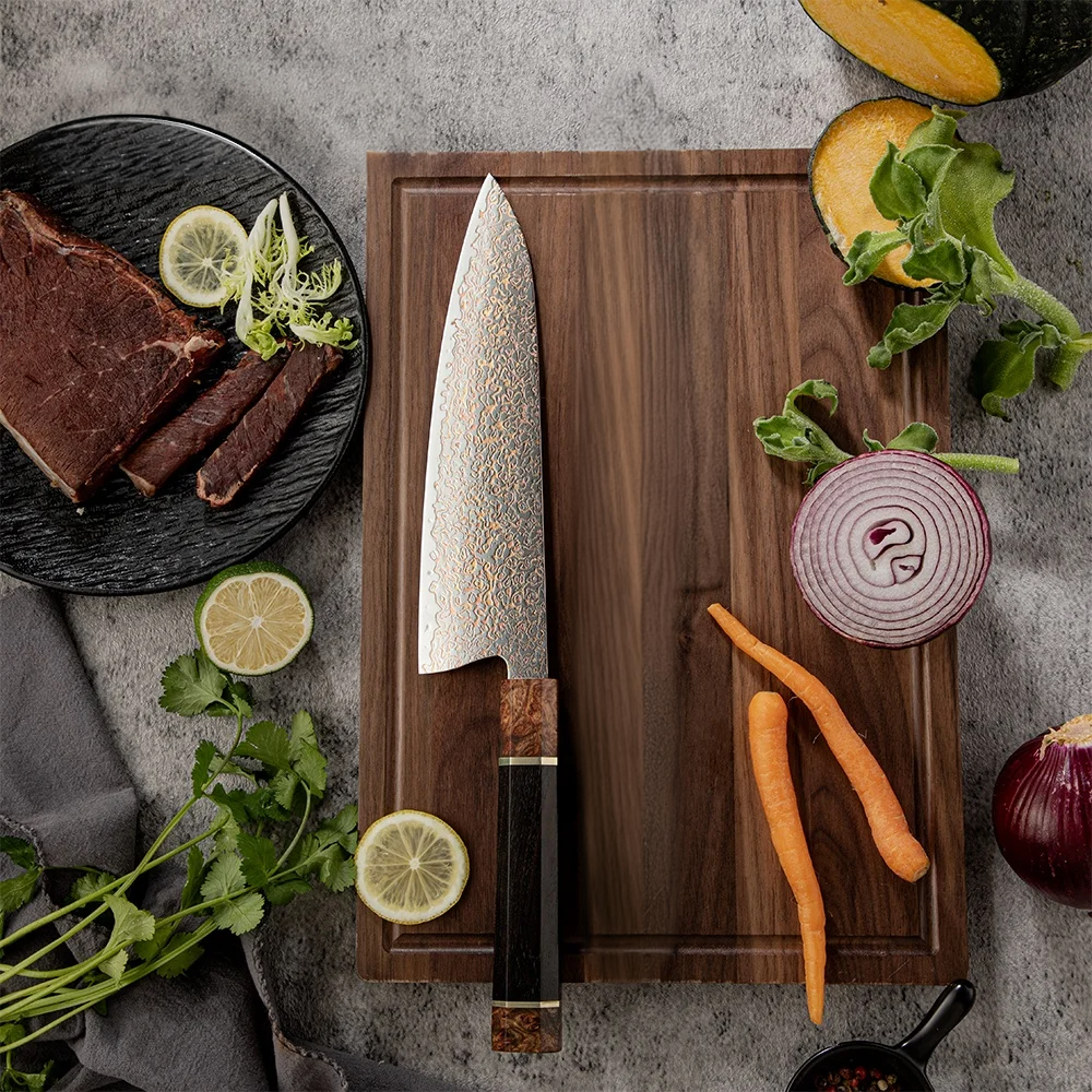 Cuțit de bucătar premium, Hikari - Damasc și lamă de cupru, mâner ergonomic Ebony pentru diverse sarcini de bucătărie - Hikari