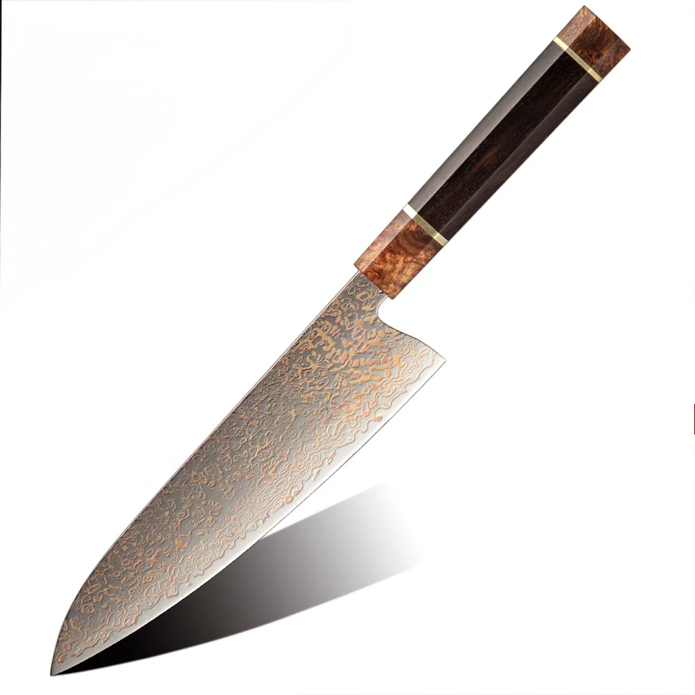 Cuțit de bucătar premium, Hikari - Damasc și lamă de cupru, mâner ergonomic Ebony pentru diverse sarcini de bucătărie - Hikari