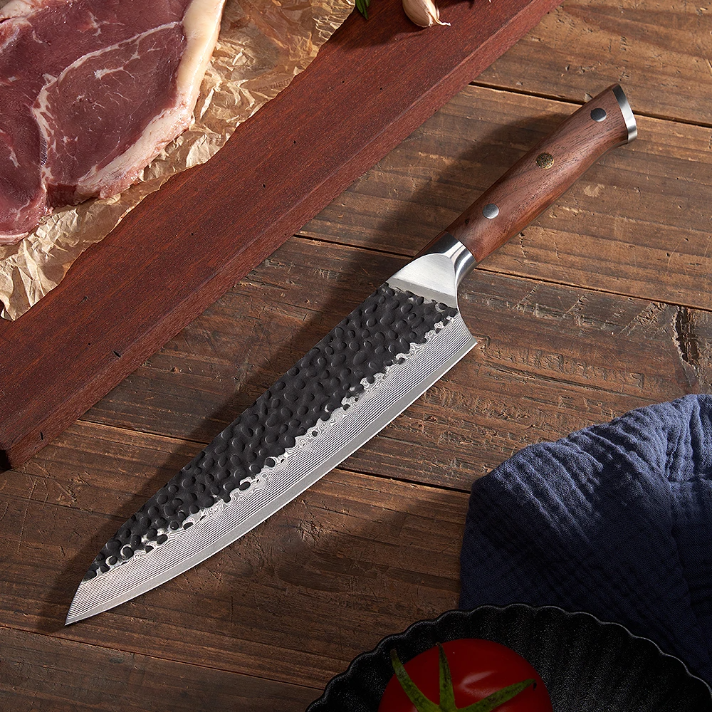 Cuțit de Bucătar, Hikari - Cuțit Culinar Premium în Stil Japonez cu Finisaj Ciocănit din Damasc, Mâner din Nuc