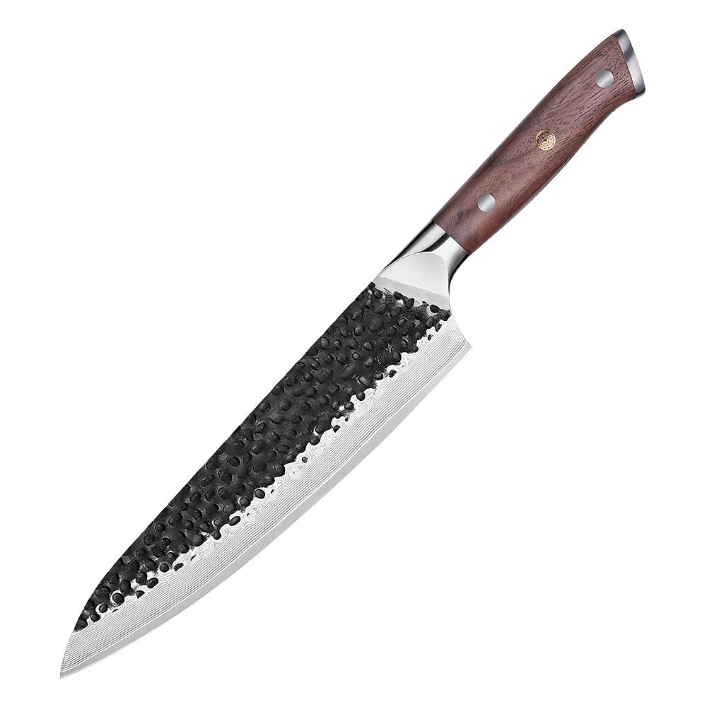 Cuțit de Bucătar, Hikari - Cuțit Culinar Premium în Stil Japonez cu Finisaj Ciocănit din Damasc, Mâner din Nuc