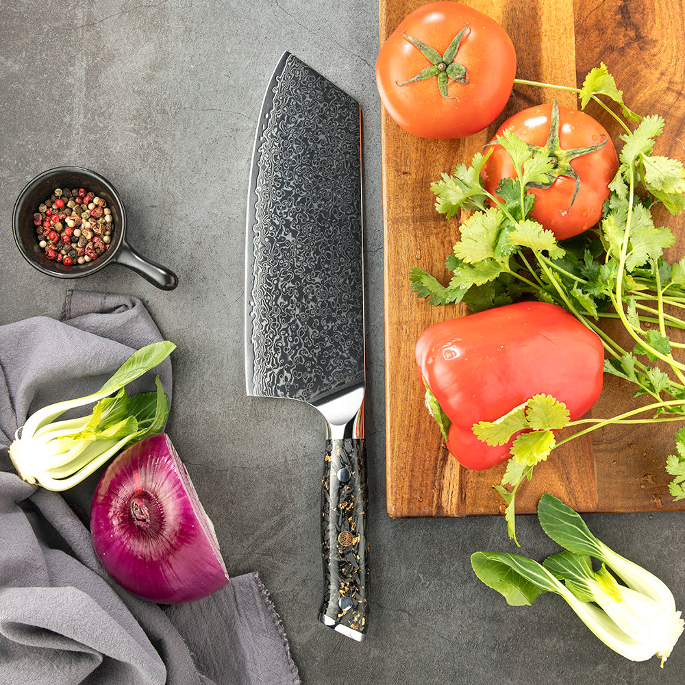 Satar Premium, Hikari - Lama otel Damasc VG -10, mâner din fibră de carbon, cuțit greu pentru tăiere și feliere - Hikari