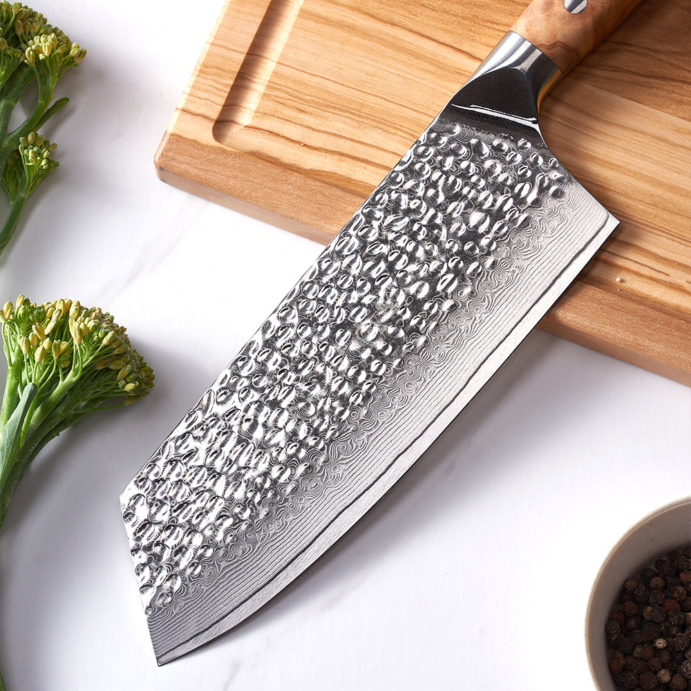 Satar, cuțit Hikari - lamă Damascus VG10, Heavy Duty pentru pregătire profesională cu mâner din lemn de măslin - Hikari - Cleaver Knives