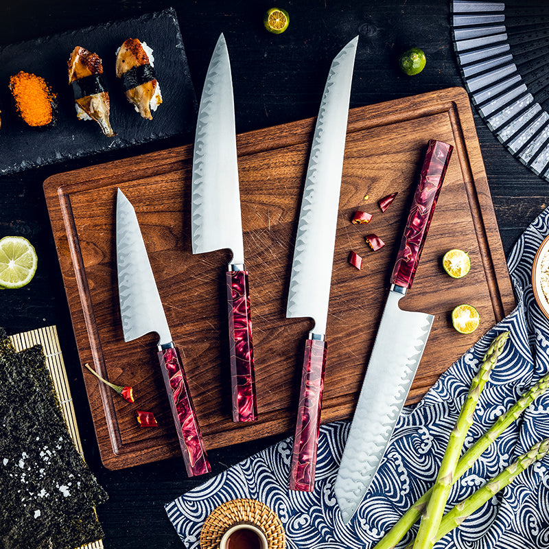 Set of knives with wooden handles on a cutting board with food ingredients