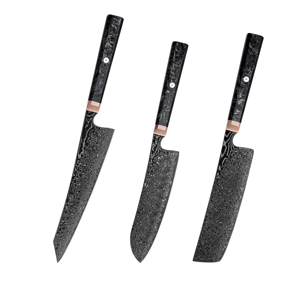 Set de cuțite Hikari All-Black din oțel Damasc cu mânere din fibră de carbon H352