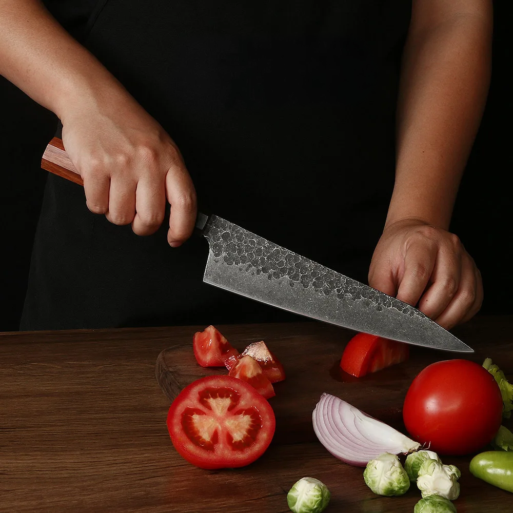 Cuțit Kiritsuke japonez Hikari - Lamă din oțel carbon martelat cu mâner din lemn de mahon 19cm - Hikari