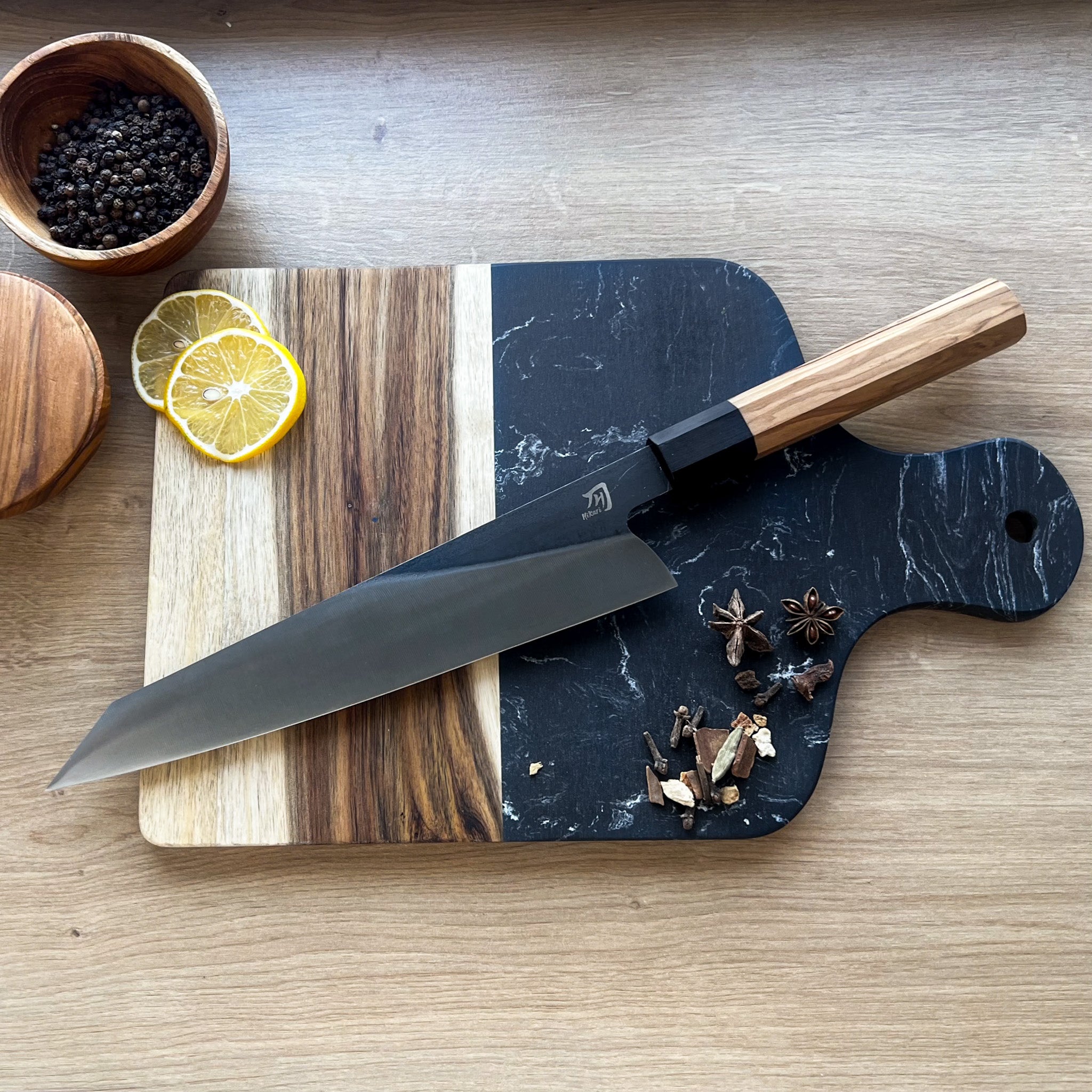 Cuțit Kiritsuke, Hikari - cuțit de bucătărie în stil japonez, oțel inoxidabil profesional cu lemn de măslin - Hikari