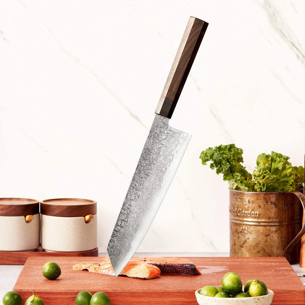 Kamikami kitchen knife on a cutting board with vegetables and a white background