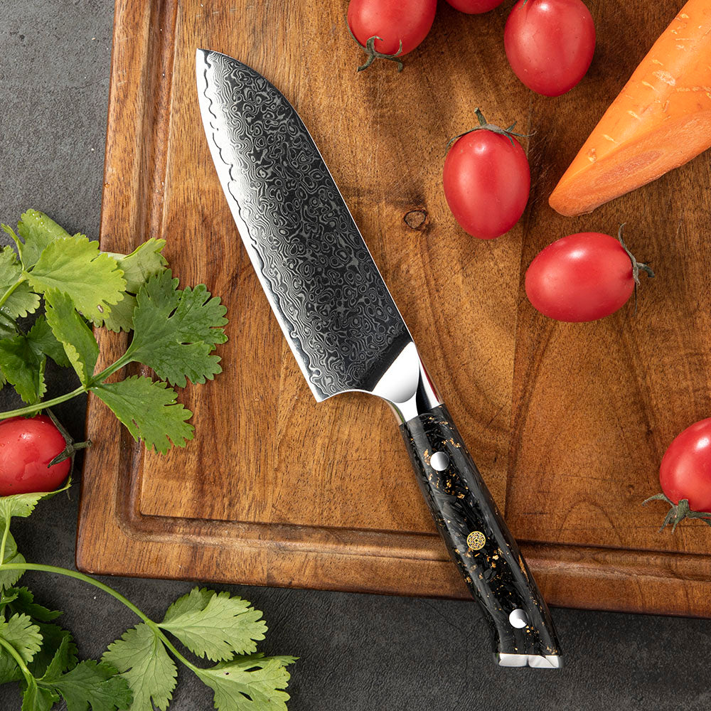 Cuțit Santoku profesional, Hikari - Lamă din oțel Damasc de 13 cm, cuțit universal pentru felierea cărnii, peștelui și legumelor - Hikari