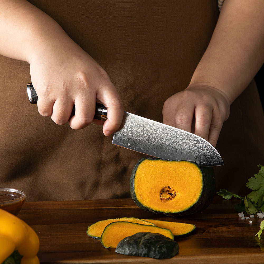 Cuțit Santoku profesional, Hikari - Lamă din oțel Damasc de 13 cm, cuțit universal pentru felierea cărnii, peștelui și legumelor - Hikari