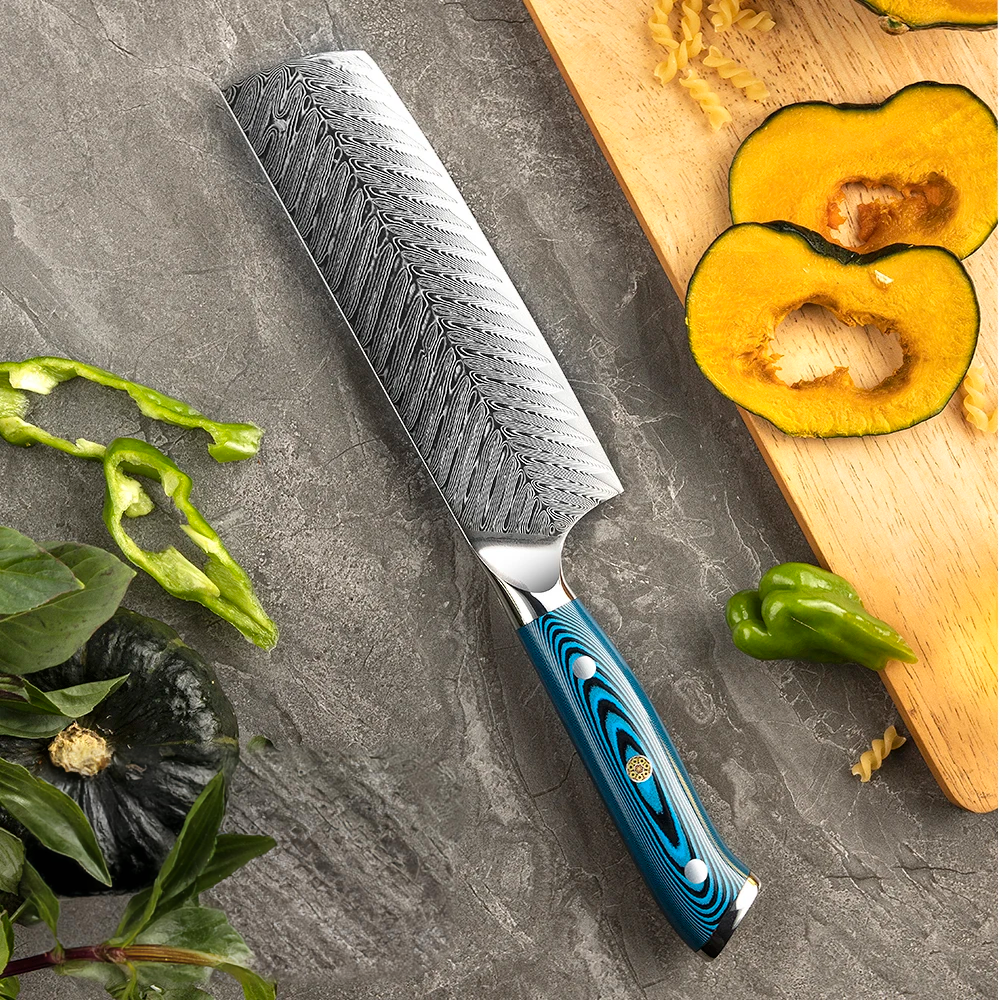 Cuțit Nakiri Premium, Hikari - lamă din oțel Damasc, mâner din lemn de pakka, instrument profesional de tăiat legume - Hikari