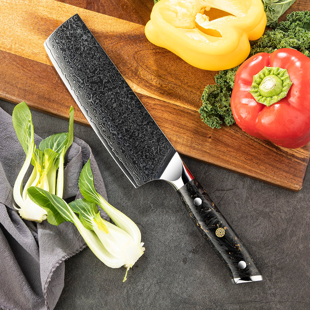 Cuțit de legume Nakiri, Hikari - lamă otel Damasc VG-10 profesională, mâner din carbon, ideal pentru feliere și tăiere - Hikari
