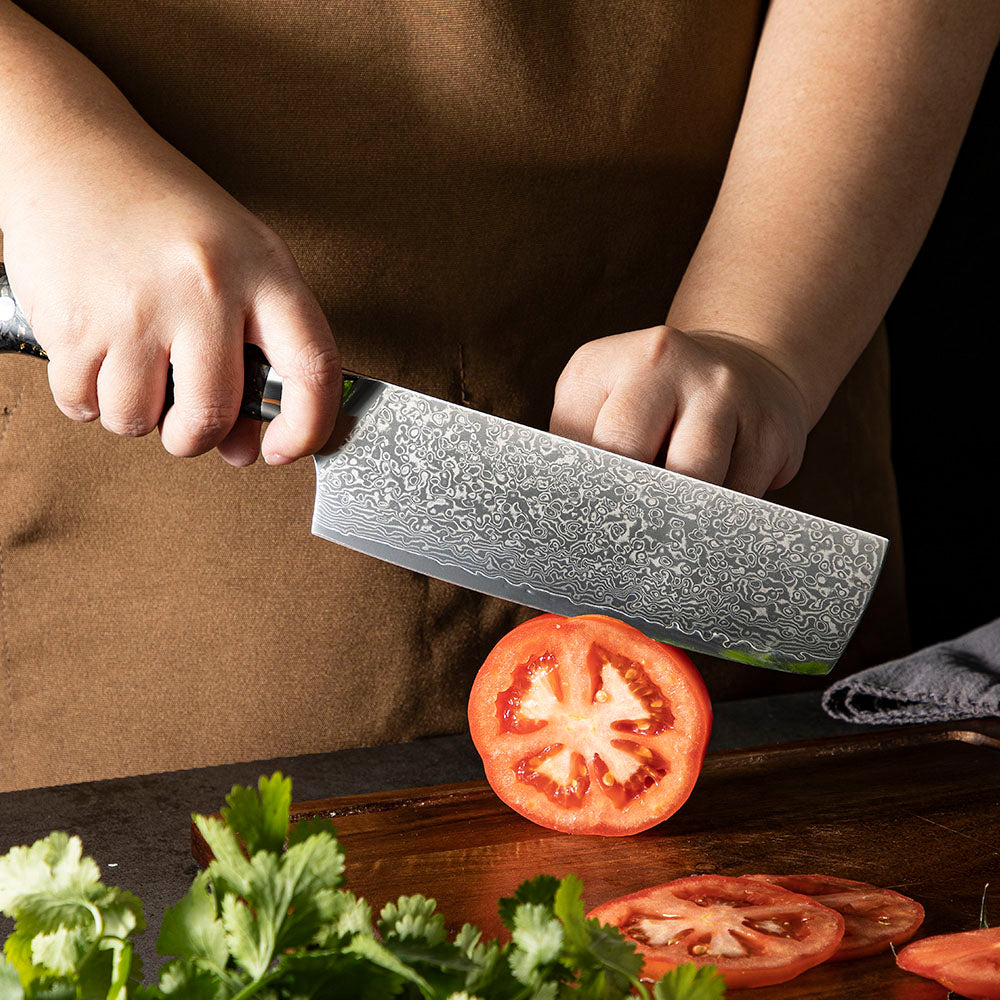 Cuțit de legume Nakiri, Hikari - lamă otel Damasc VG-10 profesională, mâner din carbon, ideal pentru feliere și tăiere - Hikari