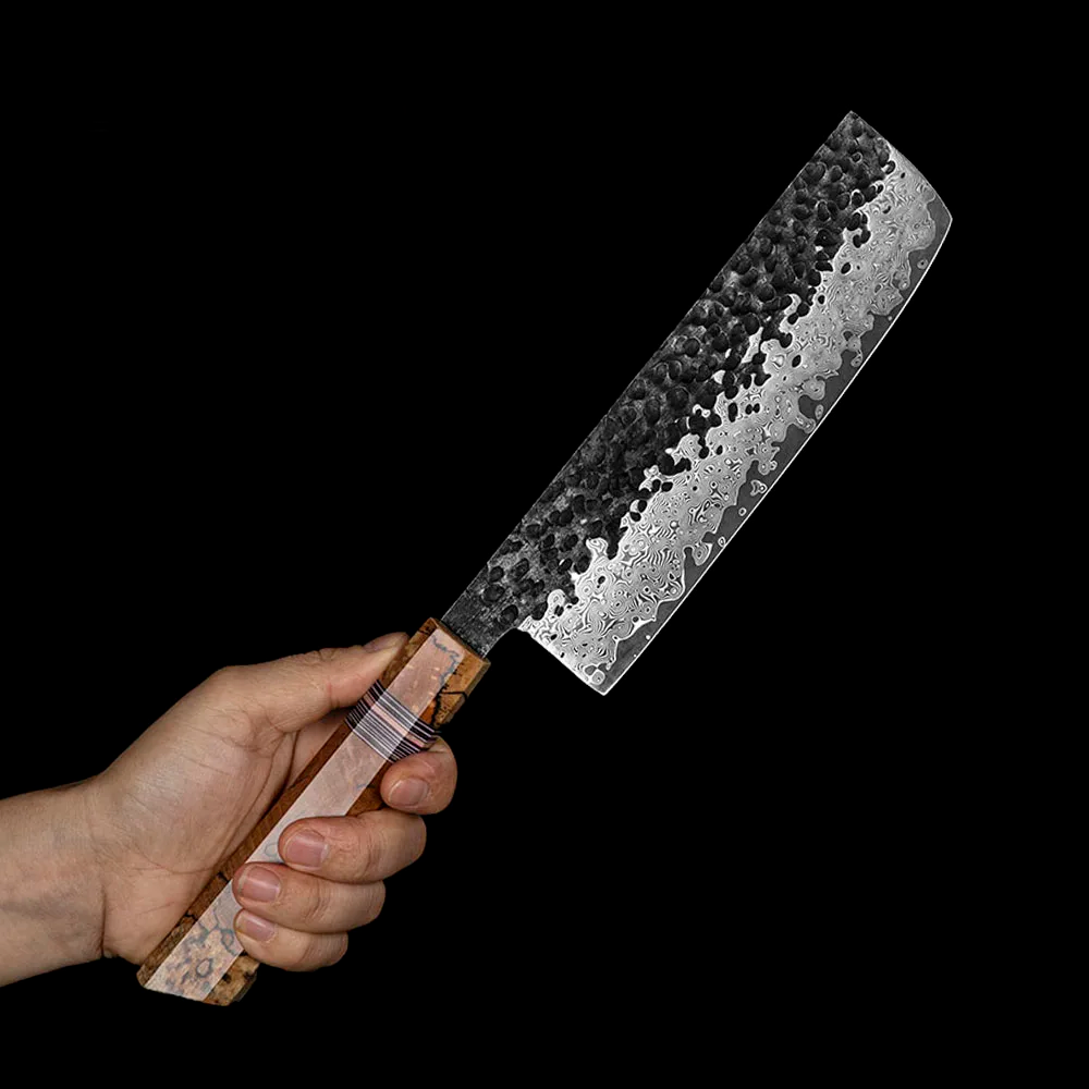 Cuțit profesional Nakiri, Hikari - Oțel Damasc VG-10, mâner din arțar cu paiete, preparare garnituri - Hikari