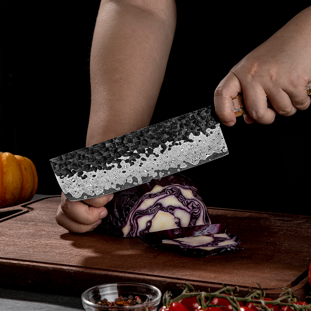 Cuțit profesional Nakiri, Hikari - Oțel Damasc VG-10, mâner din arțar cu paiete, preparare garnituri - Hikari