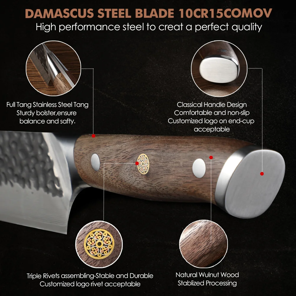 Vegetable Knife, Hikari – Damascus and VG -10 Steel Blade, Premium Full Tang Walnut Handle, Perfect for Slicing - Hikari