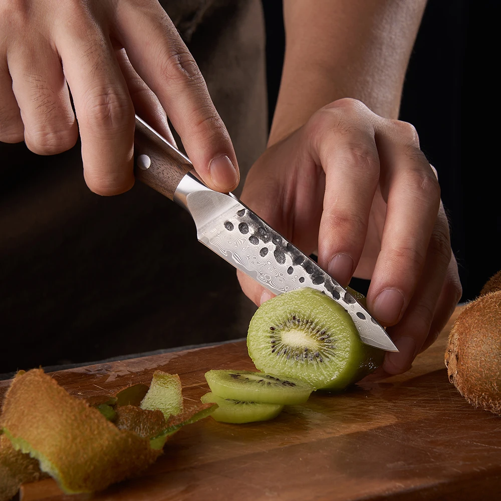 Cuțit pentru curățat, Hikari Knife - Lamă Damasc, Mâner Nuc Premium pentru Tăiere Precisă și Sarcini Delicate