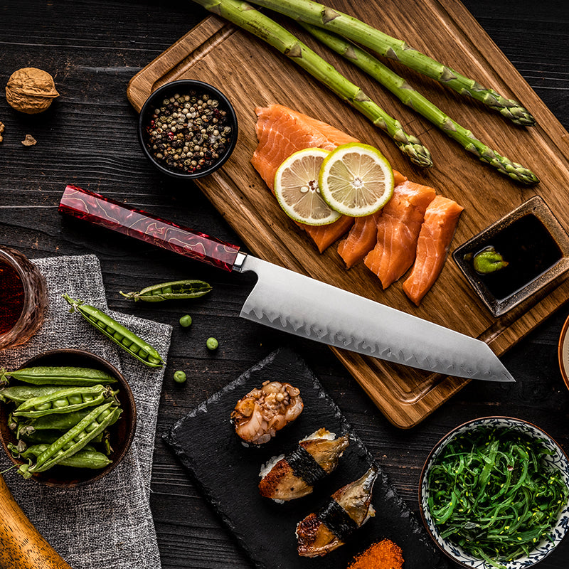 Cuțit Kiritsuke Hikari – Cuțit de bucătar japonez profesional cu lamă frosted și mâner din rășină