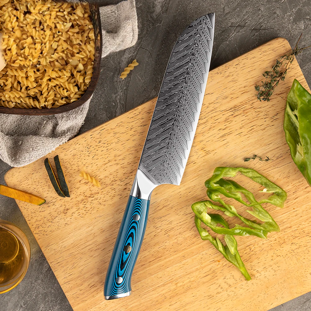 Cuțit în Stil Japonez pentru Carne și Legume – Hikari – Lamă din Oțel Damasc, Mâner Ergonomic din Pakkawood