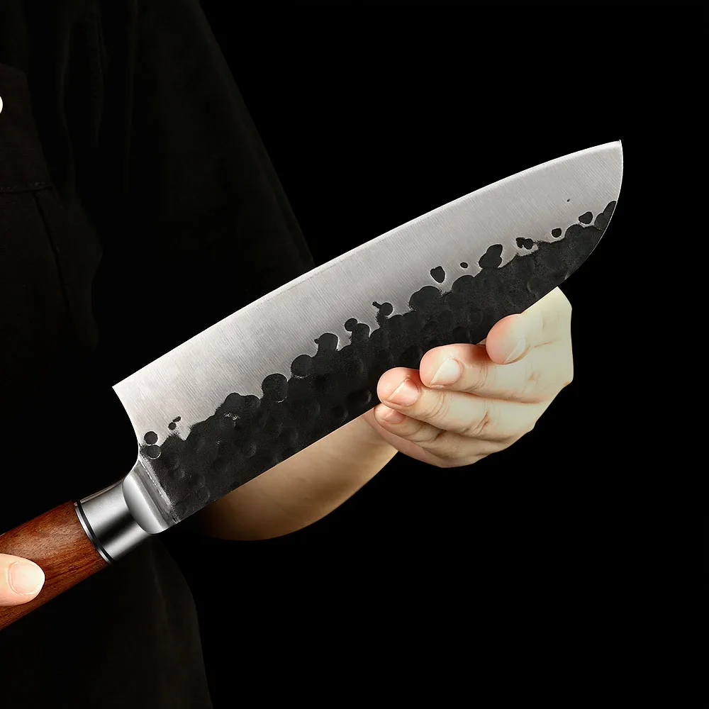 Cuțit Santoku, Hikari – Oțel carbon, mâner din lemn de trandafir, cuțit de bucătărie universal pentru carne, pește și legume - Hikari