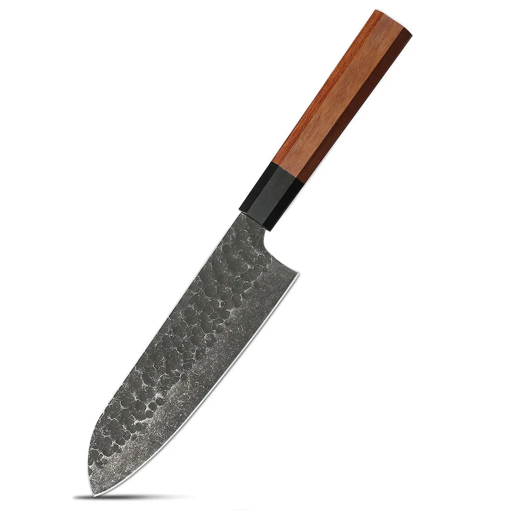 Cuțit Santoku versatil și ascuțit – Lamă durabilă din oțel inoxidabil cu conținut ridicat de carbon, cu finisaj ciocănit și mâner din mahon - Hikari