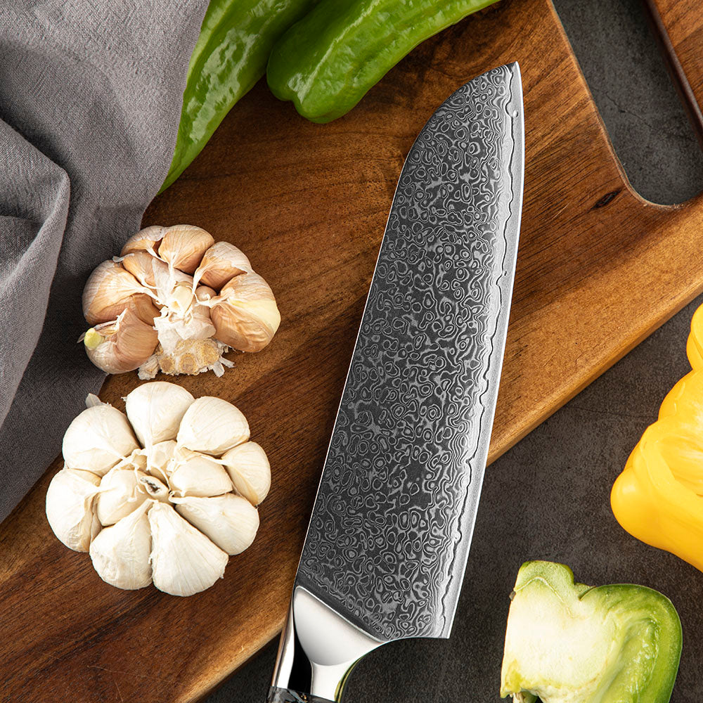 Cuțit Profesional Santoku – Lamă din Damasc și VG -10 18 cm, Mâner din Fibră de Carbon, Cuțit pentru Bucătărie