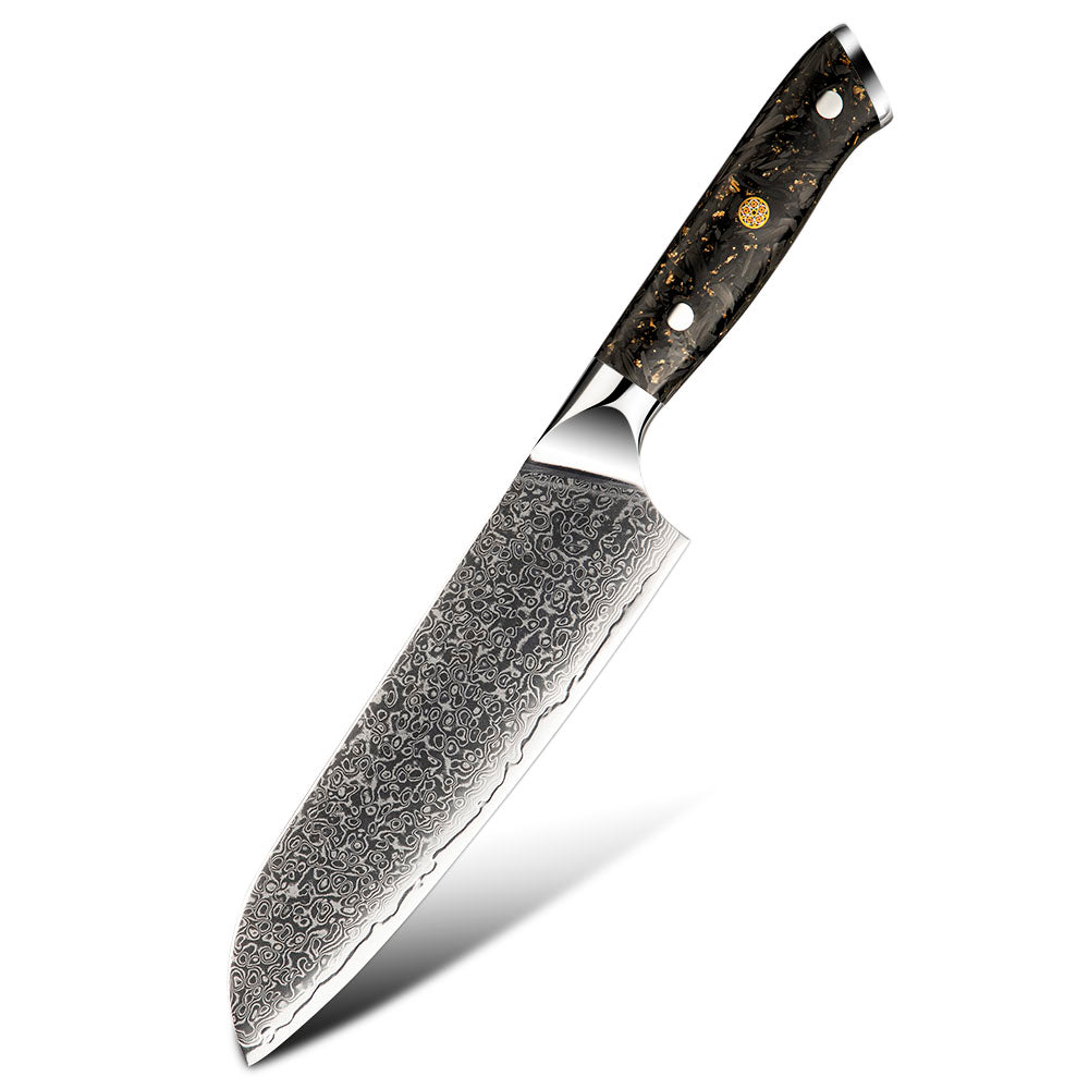 Cuțit Profesional Santoku – Lamă din Damasc și VG -10 18 cm, Mâner din Fibră de Carbon, Cuțit pentru Bucătărie