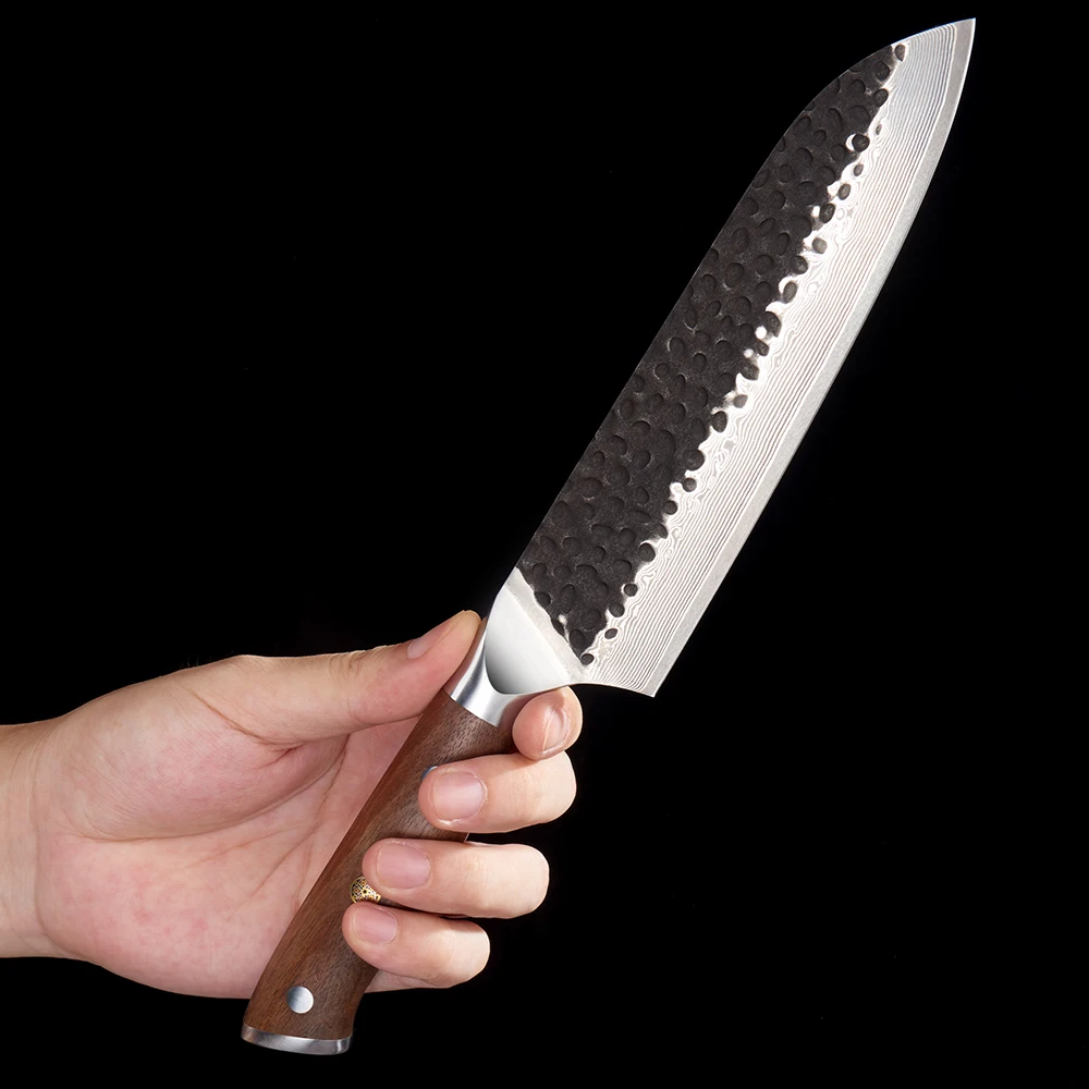 Cuțit de bucătărie multifuncțional / Santoku - Lamă Damascus VG-10, mâner din nuc pentru carne și legume - Hikari