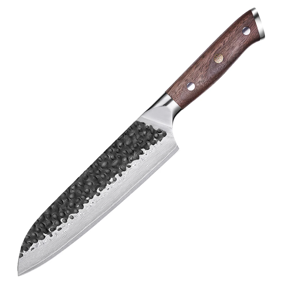 Cuțit de bucătărie multifuncțional / Santoku - Lamă Damascus VG-10, mâner din nuc pentru carne și legume - Hikari