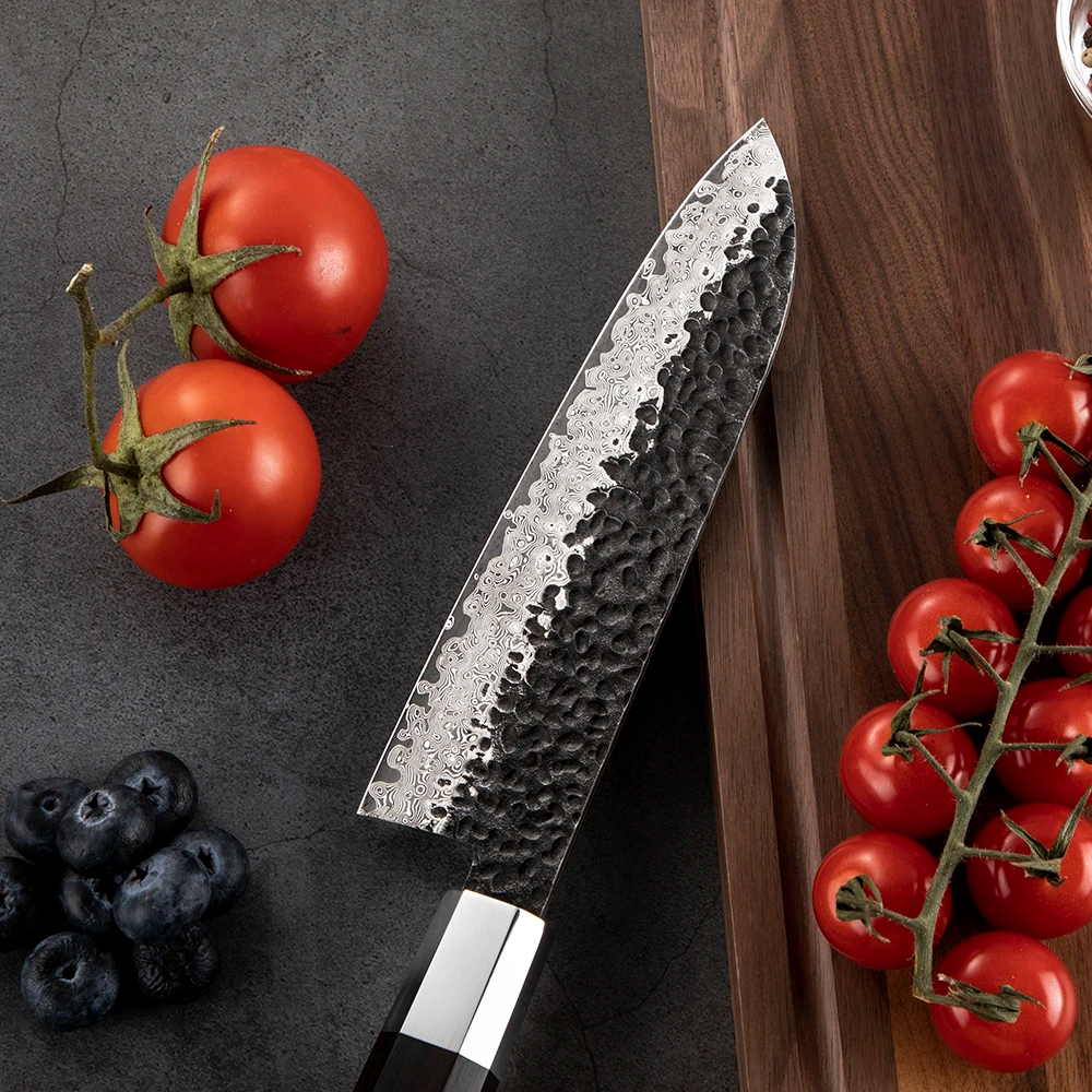 Professional Santoku Knife, Hikari – Damascus Steel Blade, Ebony Handle, Multipurpose Knife - Hikari