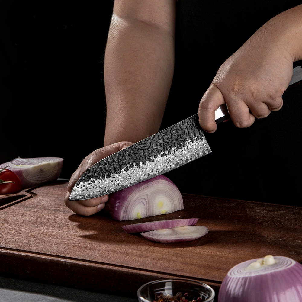 Professional Santoku Knife, Hikari – Damascus Steel Blade, Ebony Handle, Multipurpose Knife - Hikari