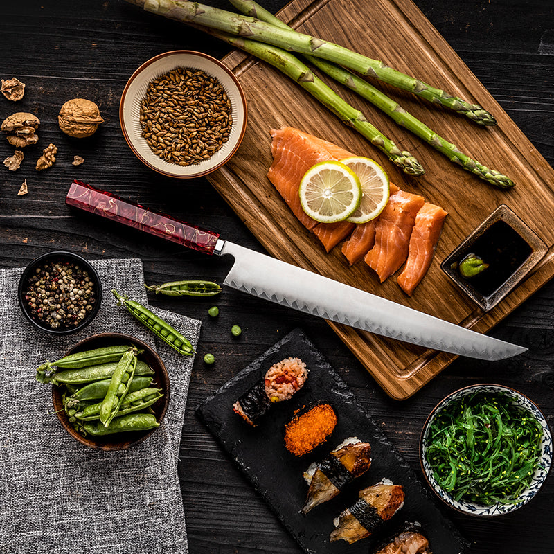 Cuțit de feliere Hikari Sakimaru – Cuțit japonez profesional Yanagiba / Sujihiki cu lamă frosted și mâner din rășină