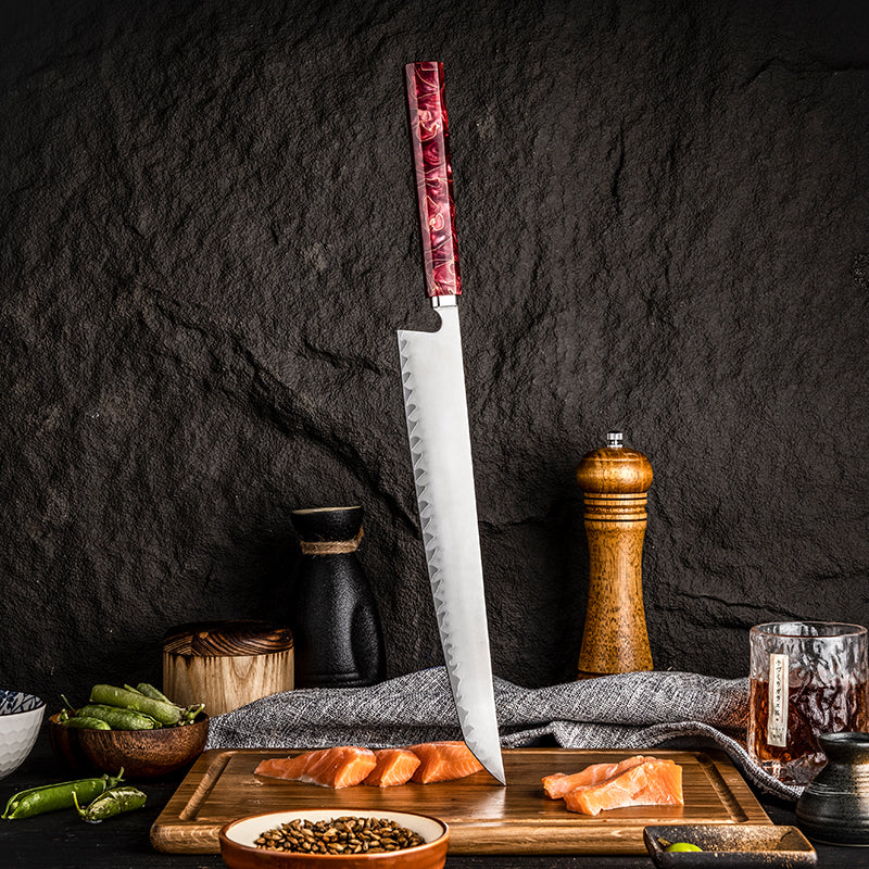 Cuțit de feliere Hikari Sakimaru – Cuțit japonez profesional Yanagiba / Sujihiki cu lamă frosted și mâner din rășină