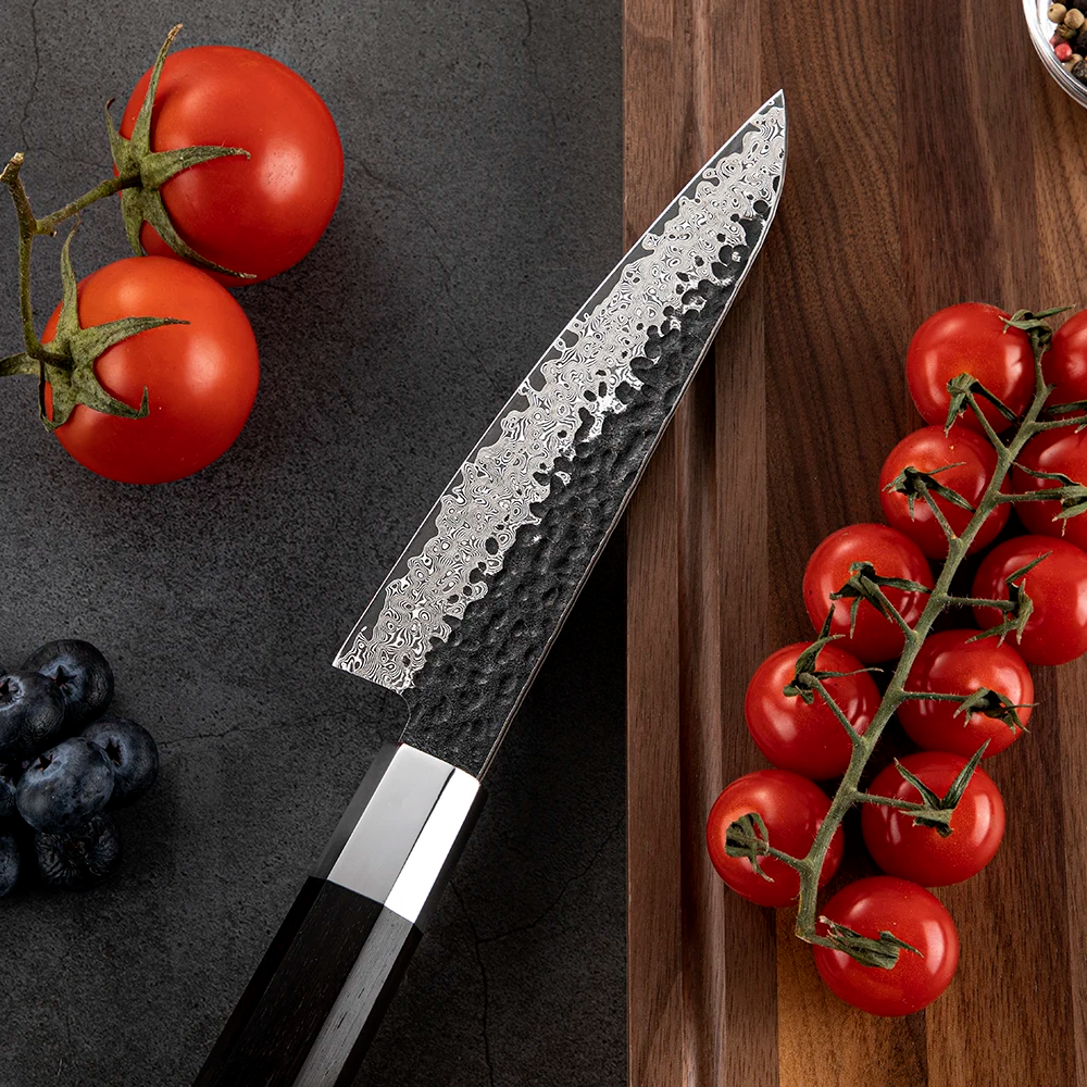 Cuțit pentru Filetat / Feliat, Hikari Knife - Lama VG -10 și Damasc, Mâner din Abanos, Decojire și Tăiere Detaliată