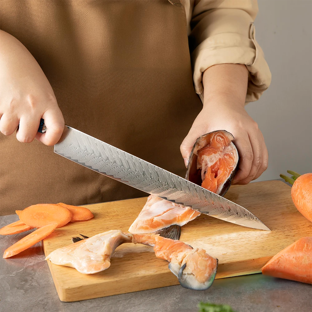 Hikari Cutit japonez Yanagiba - Cuțit Sushi otel Damasc cu mâner Belle Pakkawood, pentru prepararea cărnii crude - Hikari