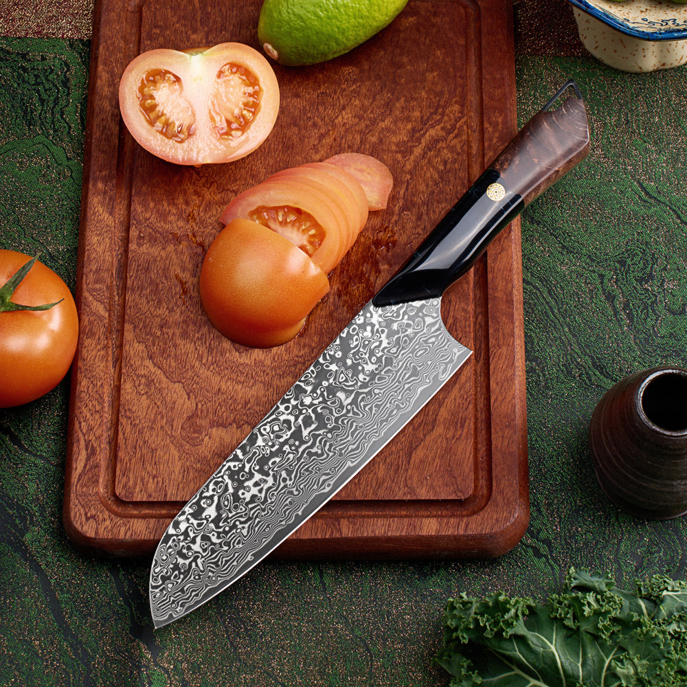 Cuțit Santoku Hikari din oțel de Damasc – Lamă VG10 de 7 inchi și mâner din arțar și rășină