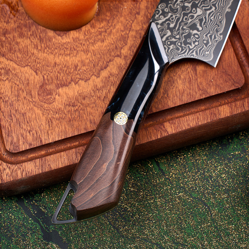 Cuțit Santoku Hikari din oțel de Damasc – Lamă VG10 de 7 inchi și mâner din arțar și rășină
