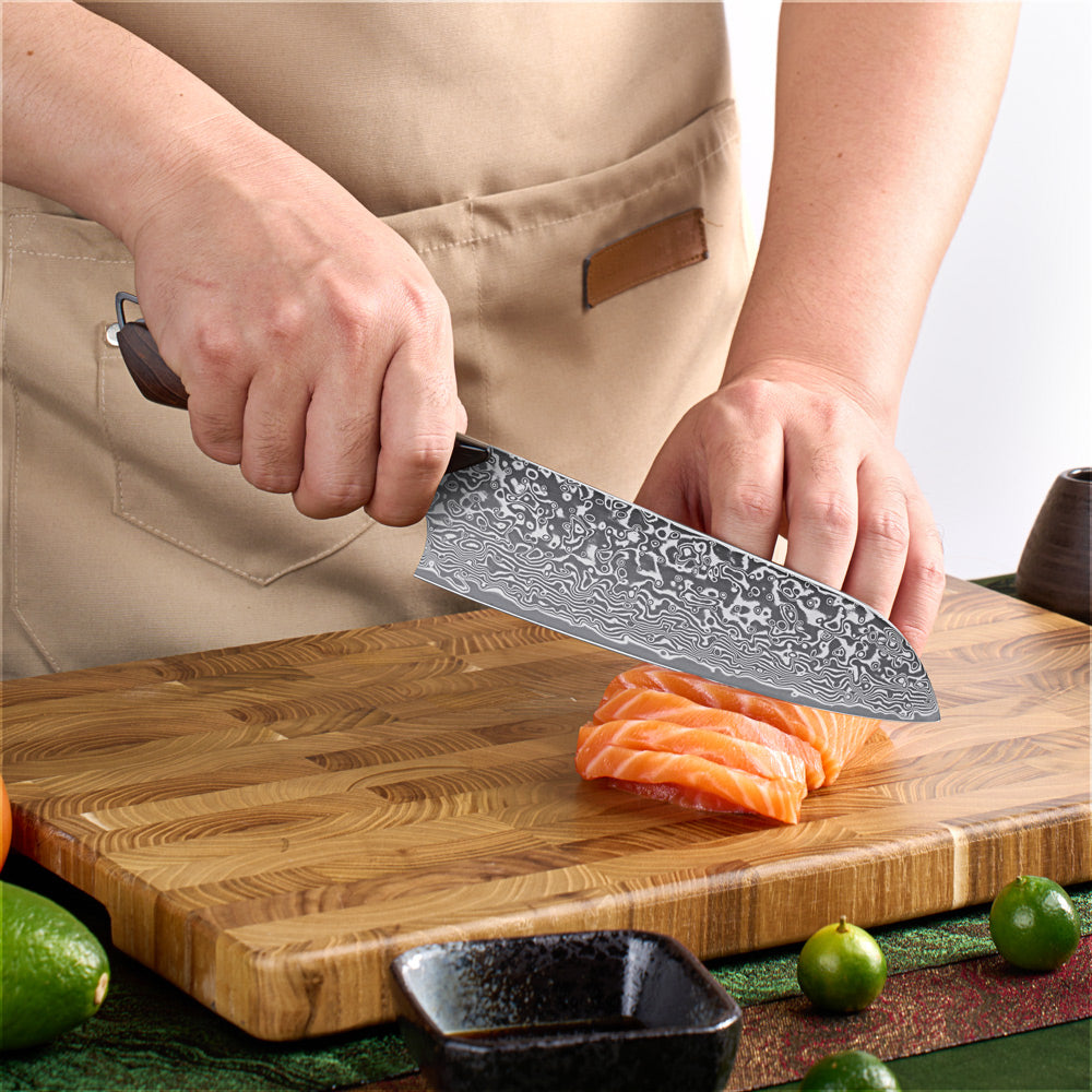 Cuțit Santoku Hikari din oțel de Damasc – Lamă VG10 de 7 inchi și mâner din arțar și rășină
