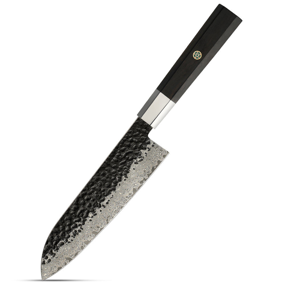 Santoku VG-10 Damasc Kurouchi Hammered, Maner din Ebony 18 cm