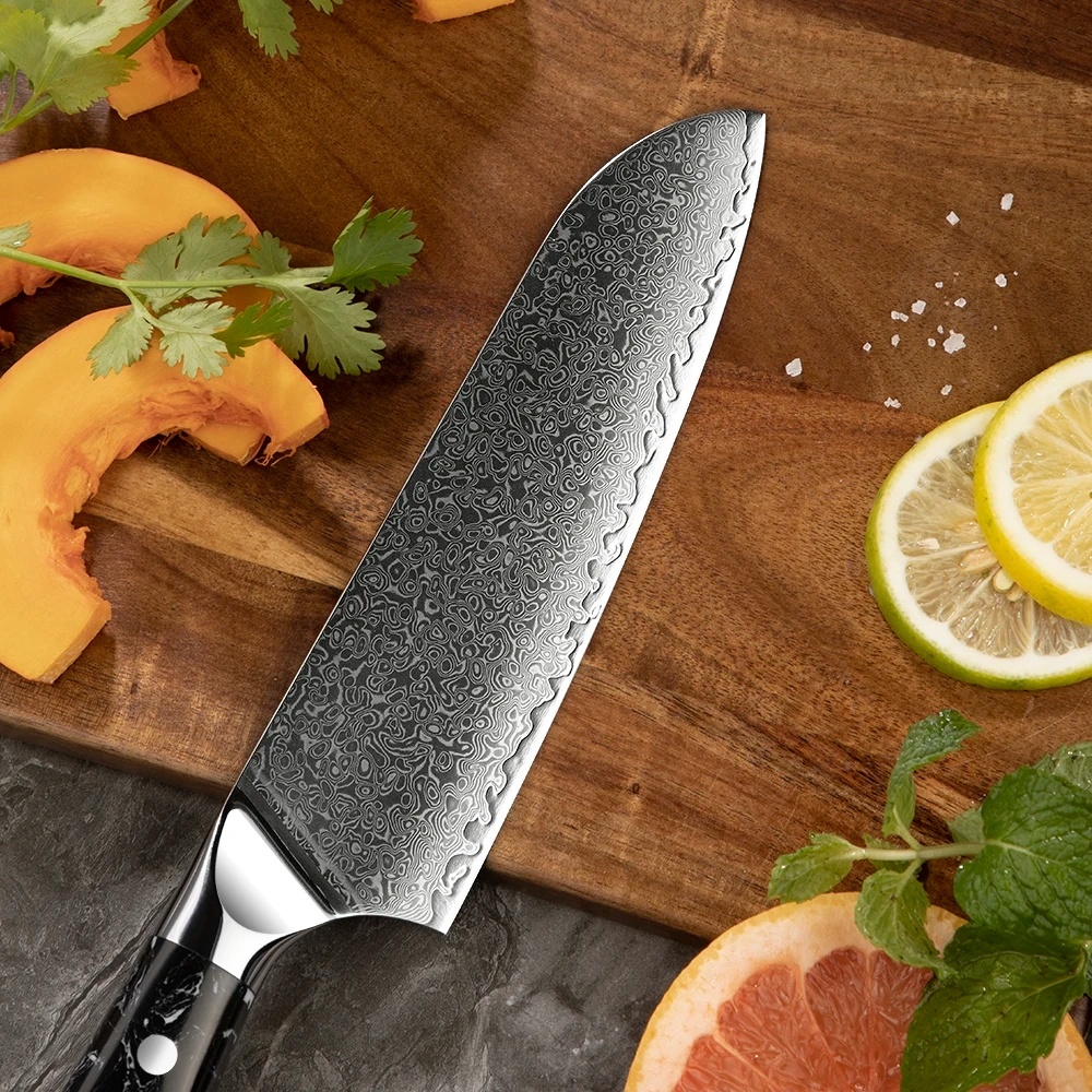 Santoku VG-10 Damasc, Maner Rasina si Fibra De Carbon 18cm